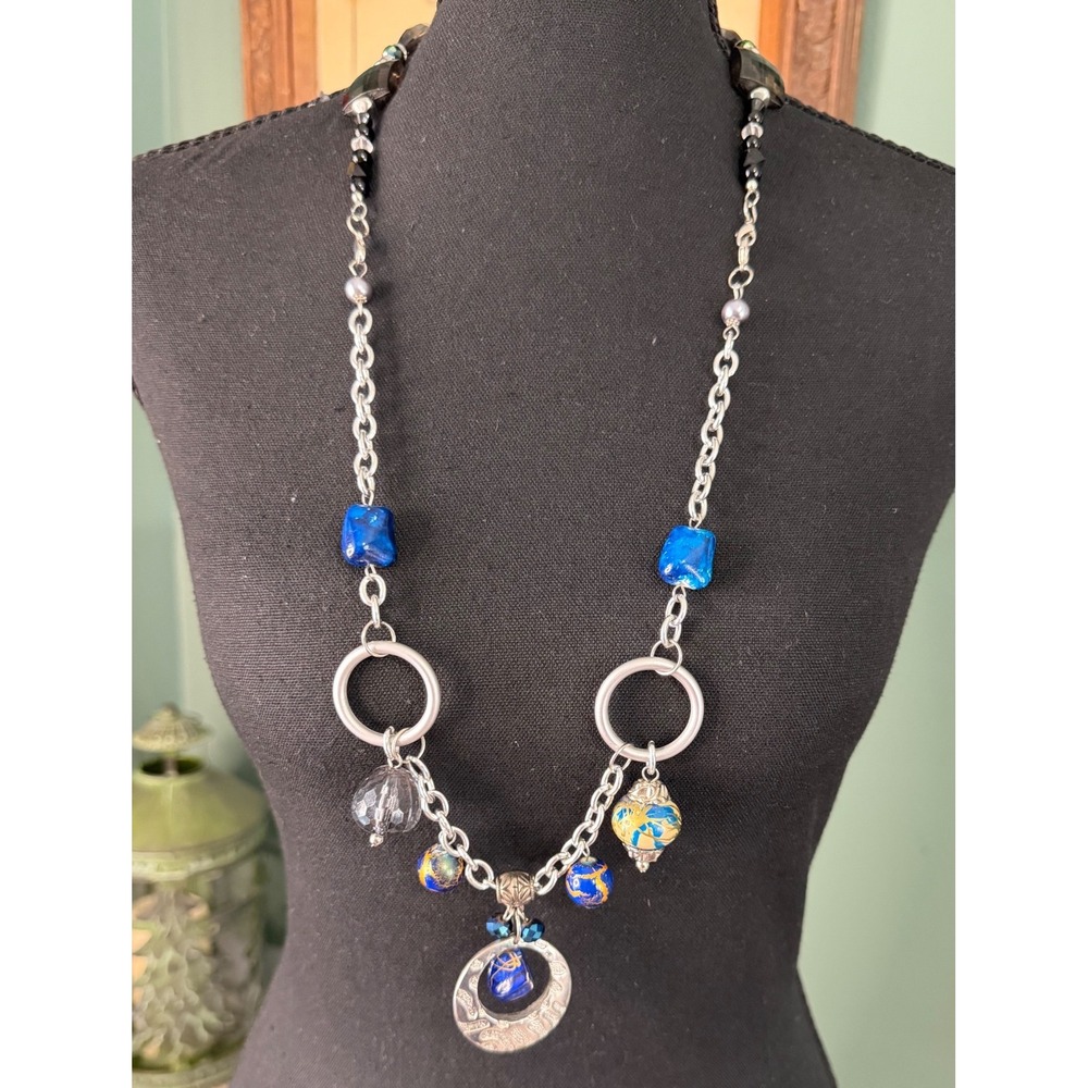 Blue & Silver Boho‎ Statement Necklace | Artisan Beaded Charm Pendant Long 34"